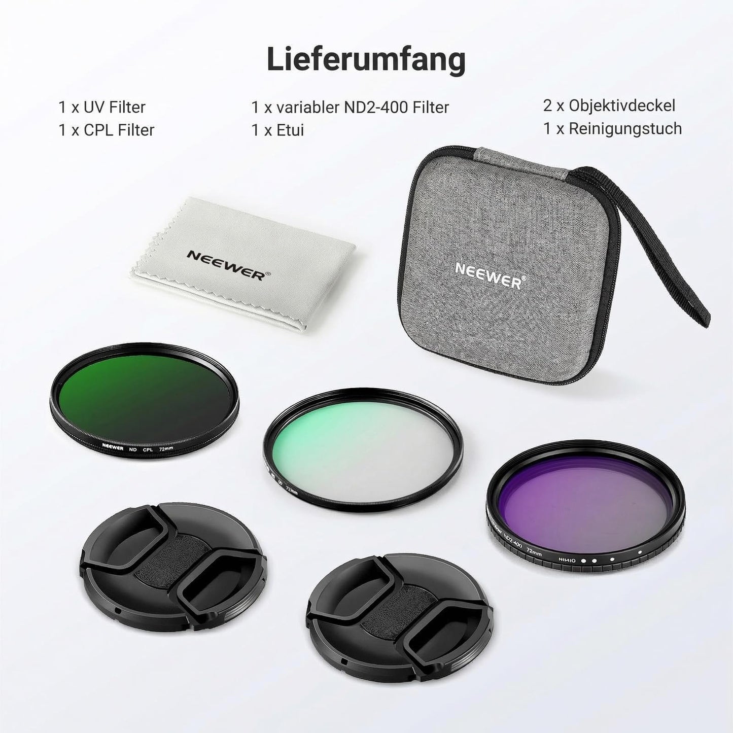 NEEWER 72 mm variable ND + CPL + UV filter set, pack of 3, multi-coated gray filter (ND2-400) circular polarization filter camera lens polarizing filter, photo accessories with carrying case lens caps - NW