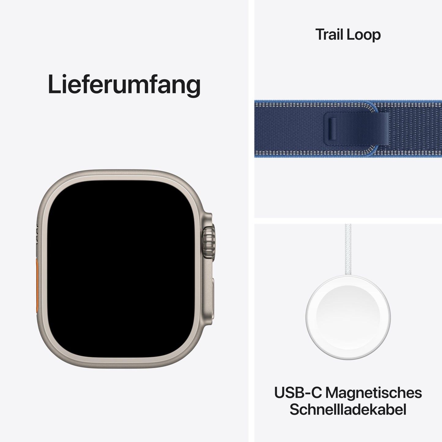 Apple Watch Ultra 3 GPS + Cellular 49 mm premium smartwatch for running training and combination sports with robust titanium case in natural and trail loop in blue/light blue (S/M) - MEWR4QF/A