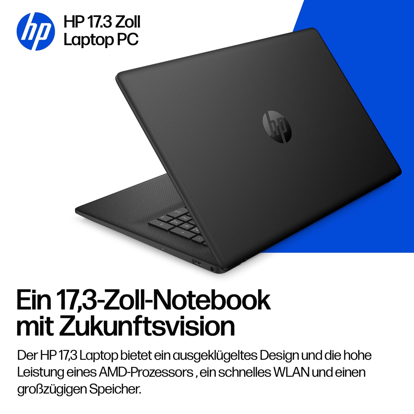 HP laptop with 17.3" FHD display, AMD Ryzen 5 7520U, 8 GB DDR5 RAM, 512 GB SSD, AMD Radeon graphics, Windows 11, QWERTZ, black incl. 25 GB Dropbox storage for 12 months - BZ8R7EA#ABD