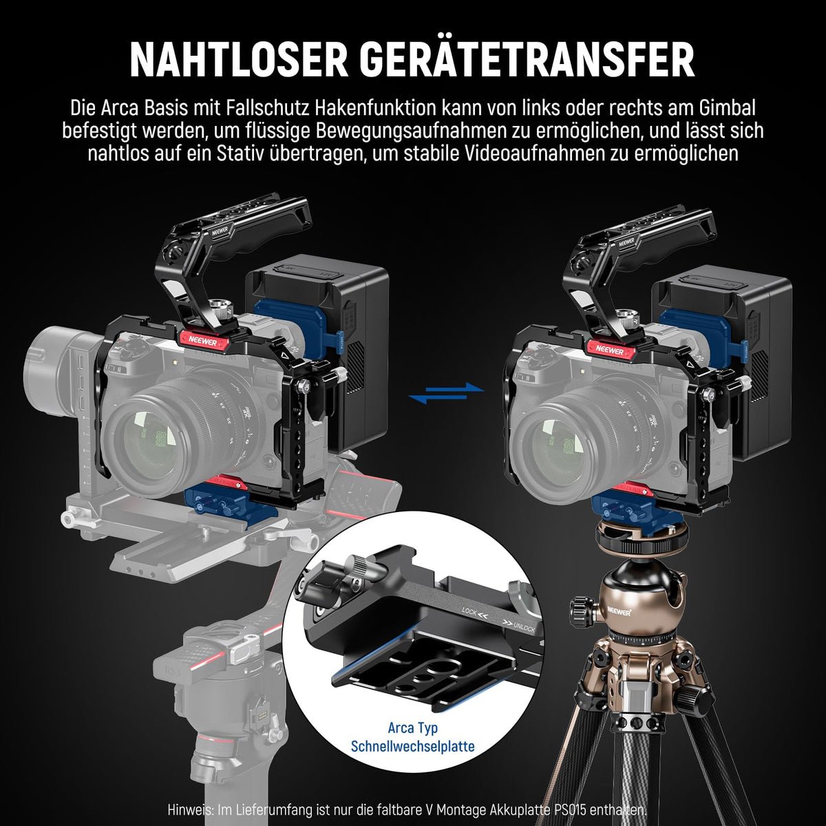 NEEWER Foldable V-Mount Battery Plate with Arca-Type Camera Base Plate for RS4 RS3 Gimbal & Tripod, Lightweight DSLR Camera Video Rig, Compatible with SmallRig V Lock Battery and Cage, PS015 - B0D6975NBR