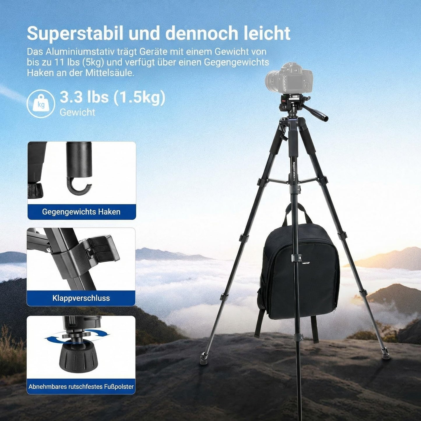 NEEWER Basics TP56 camera tripod, 74" tripod with cell phone holder