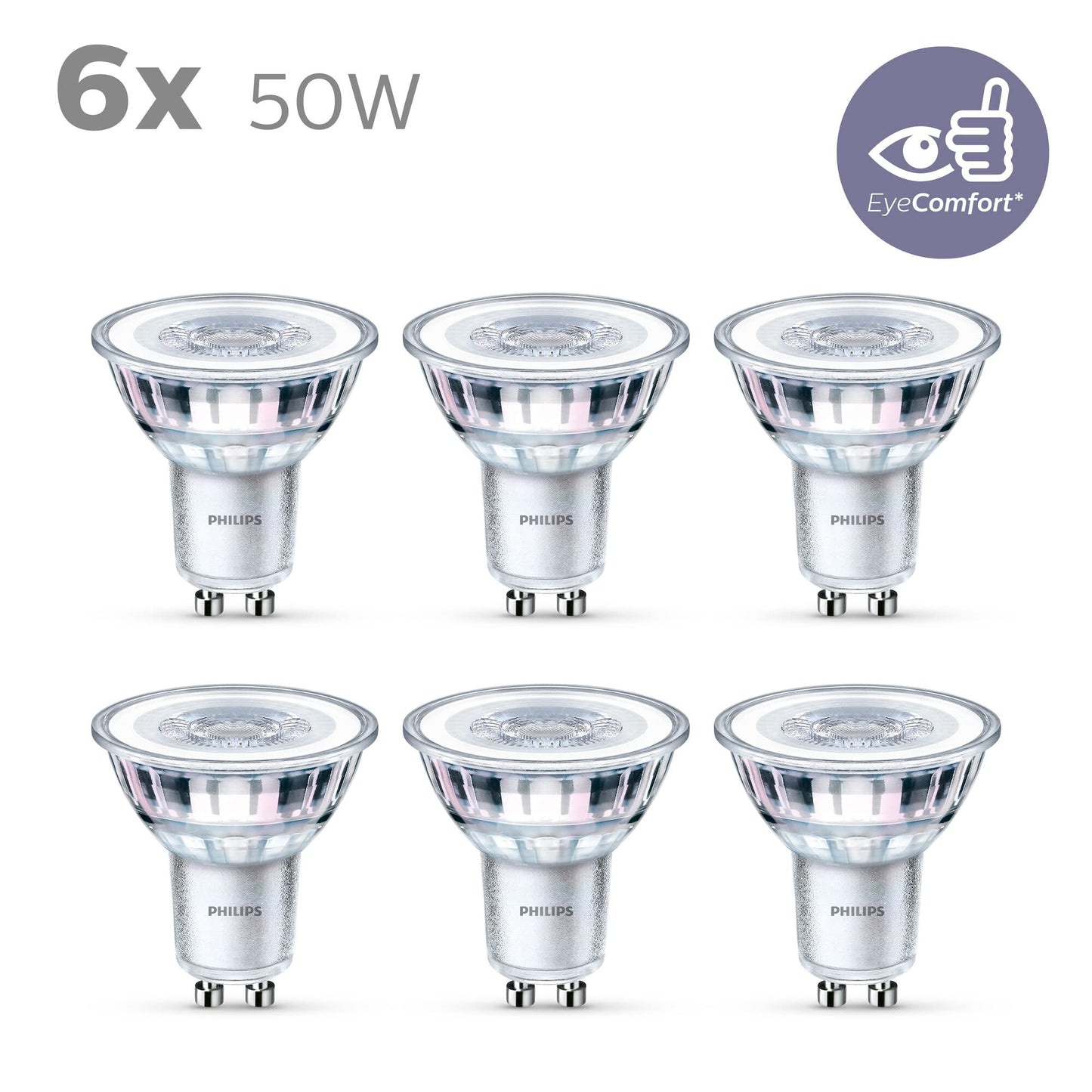 Philips LED Classic GU10 lamps pack of 6 (50 W), reflector LED spots with warm white light, energy-saving lamps with a long useful life, warm white - 9290012152C