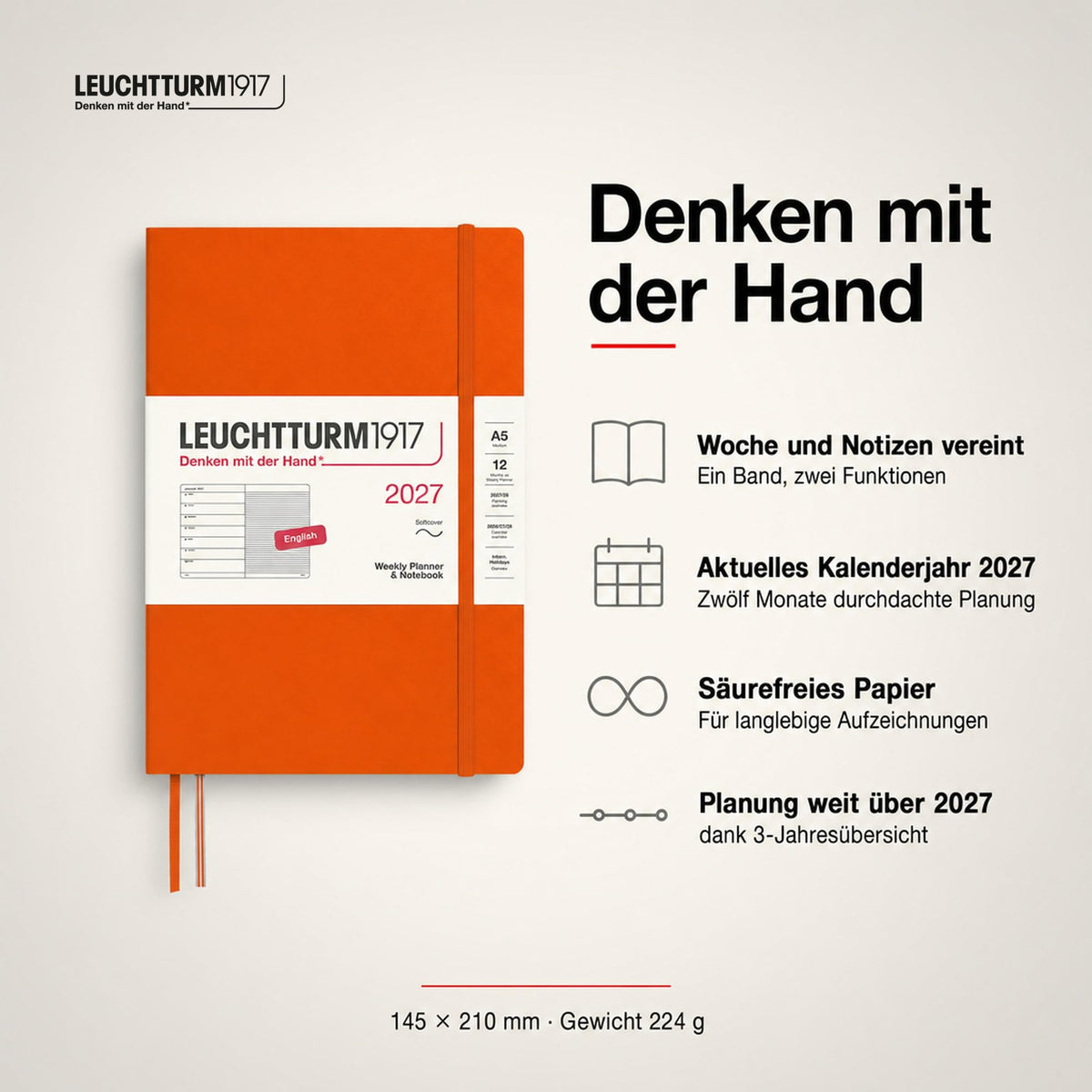 LEUCHTTURM1917 Calendar săptămânal 2027 mediu (A5) cu carnet, cu linii - planificator de întâlniri în engleză, dovleac, copertă moale, 145 x 210 mm, ianuarie-decembrie 2027, prezentare generală săptămânală în stânga + pagină cu note în dreapta - 400236