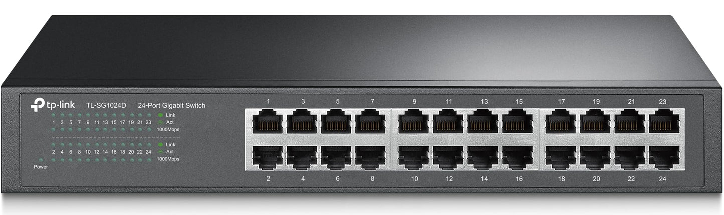 TP-Link TL-SG1024D 24 port gigabit network switch (rackmount, 48Gbit/s switching capacity, 24*RJ-45 ports, metal housing, IGMP snooping, unmanaged, plug-and-play) black - TL-SG1024D(UK)