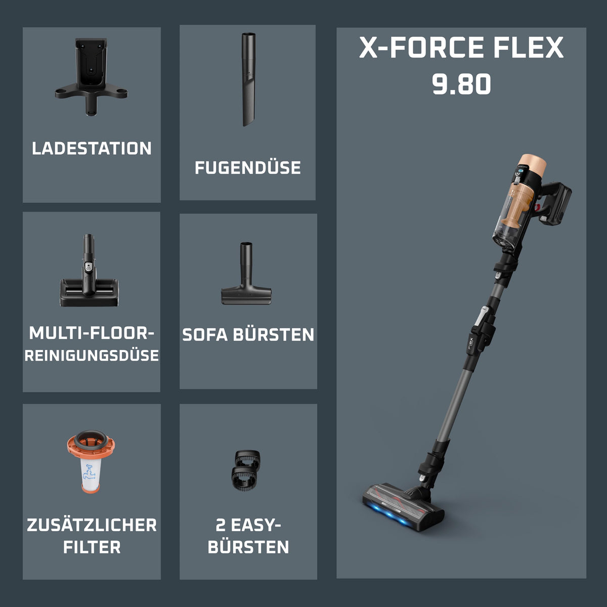Rowenta X-Force Flex 9.80 cordless battery stick vacuum cleaner, 100 AW, LED nozzle - RH7L75E0