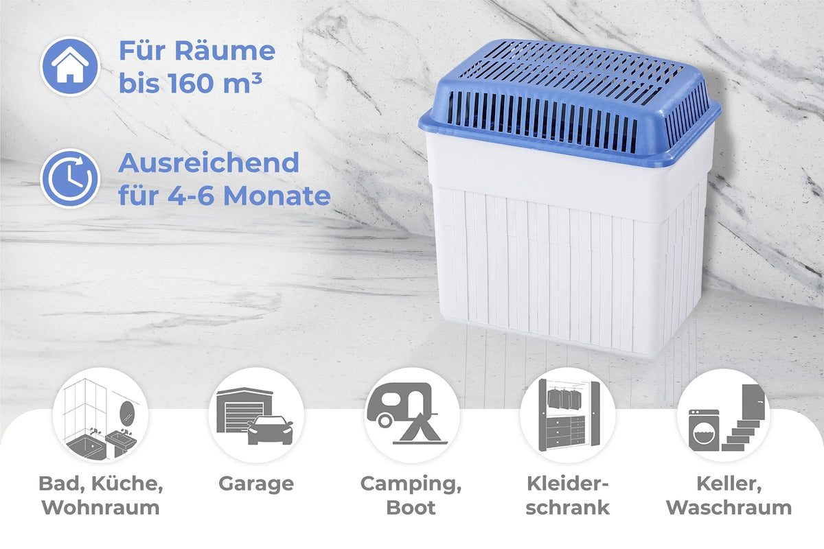 WENKO Umidificator cu granule de 2 kg, dezumidificator de cameră, captează până la 2,8 l de umiditate, testat în laborator, refillabil, reduce mucegaiul și mirosurile, dimensiuni 23 x 24 x 15,5 cm, Gri/Albastru - 5410120500