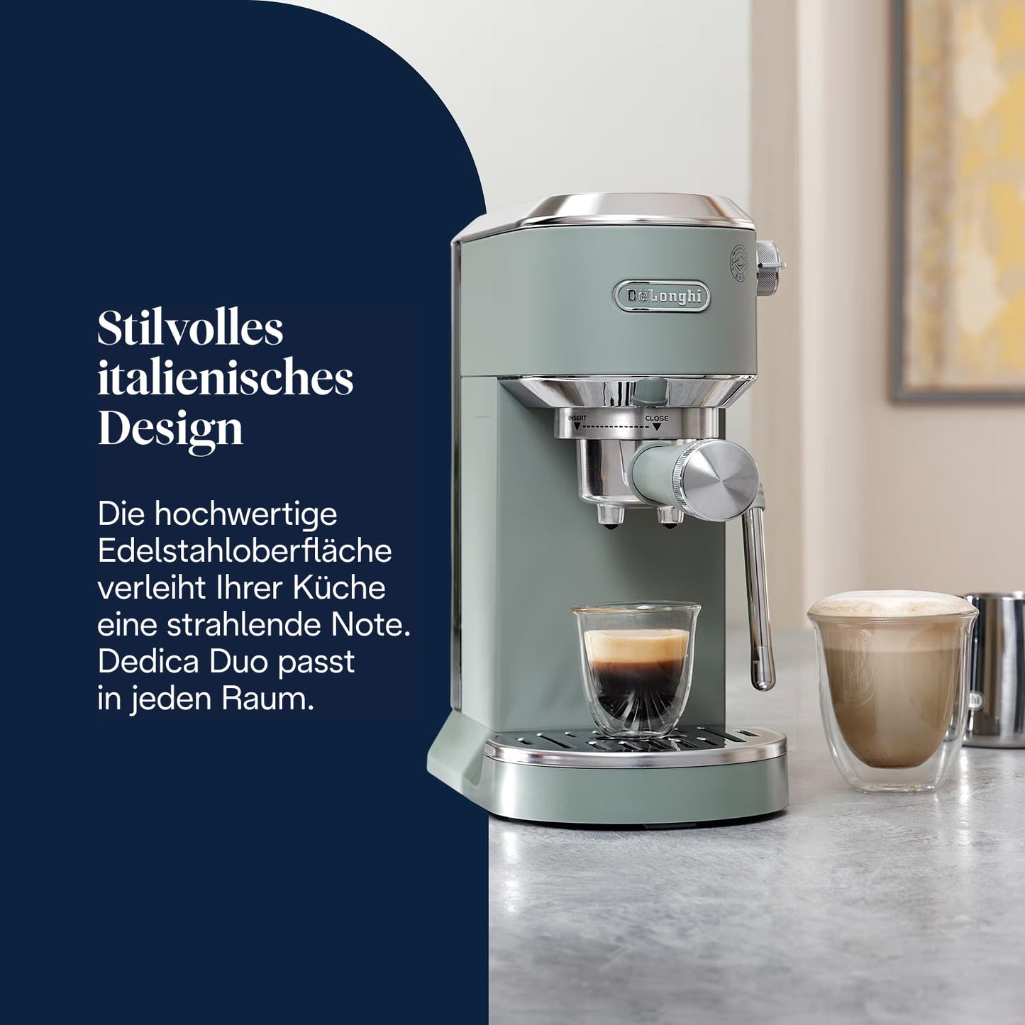 De'Longhi Dedica Duo - Perfetto compact portafilter machine espresso machine with soft-touch icons, manual milk frother for espresso, cappuccino and cold brew, 15cm wide, green (EC890.GR)