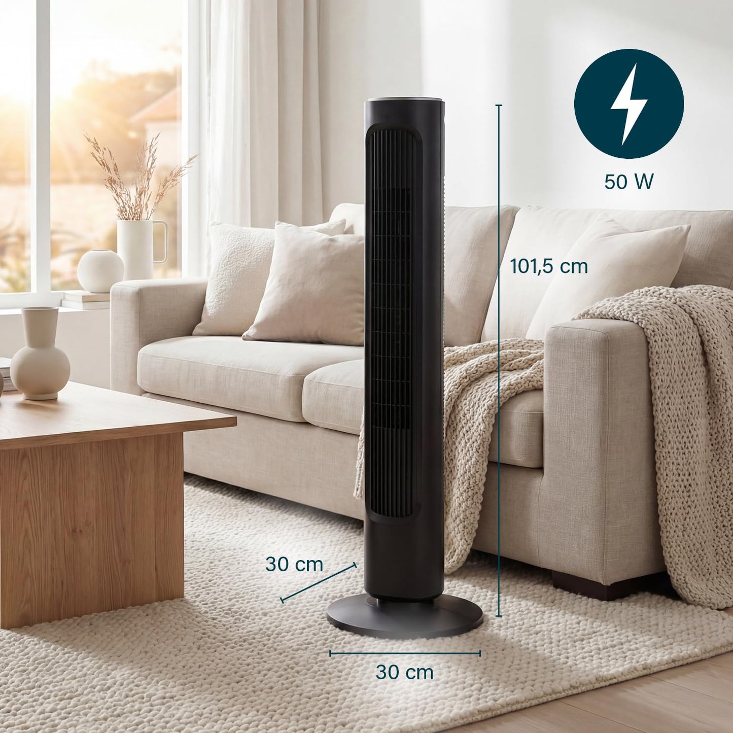 Princess Pedestal Fan - Elegant Design - 50W - Powerful, Quiet, Low Consumption - Height: 101.5cm - Oscillating - 4 Modes - 12 Speed Settings - 352390 - 01.352390.01.001