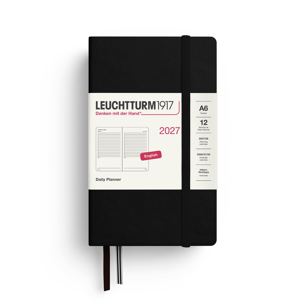 LEUCHTTURM1917 Daily Calendar 2027 Pocket (A6) - English, Black, 90 x 150 mm, January-December (12 months), 1 page per day, hourly grid 7:00-22:00, hardcover, 80 g/m² paper - 400331