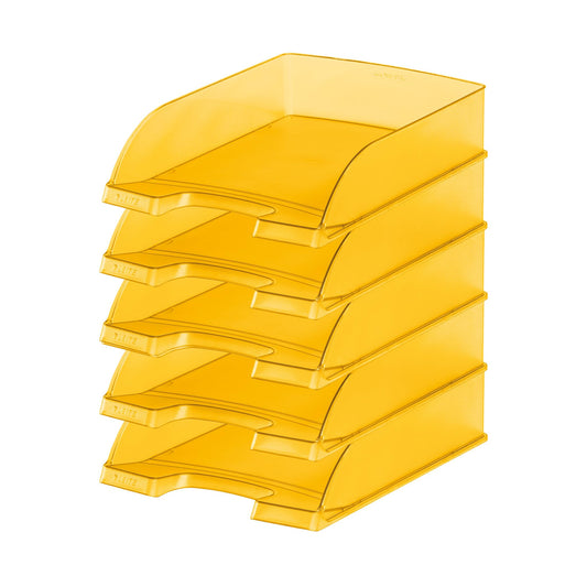 Leitz letter basket standard A4, pack of 5, letter tray in premium quality, stackable storage compartments as desk organiser, can be combined with Plus series, yellow frost, 52270010