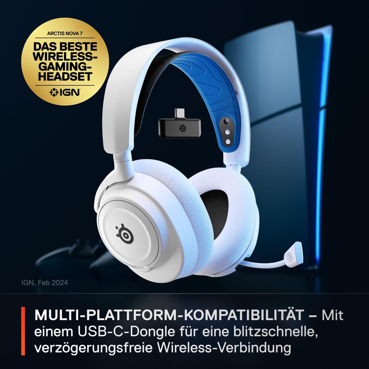 SteelSeries Arctis Nova 7P Wireless - Multi-Platform Gaming Headset - PlayStation, PC, VR - Custom HiFi Drivers - 2.4GHz + Bluetooth - 38h Battery - USB-C - Retractable Microphone - 61561