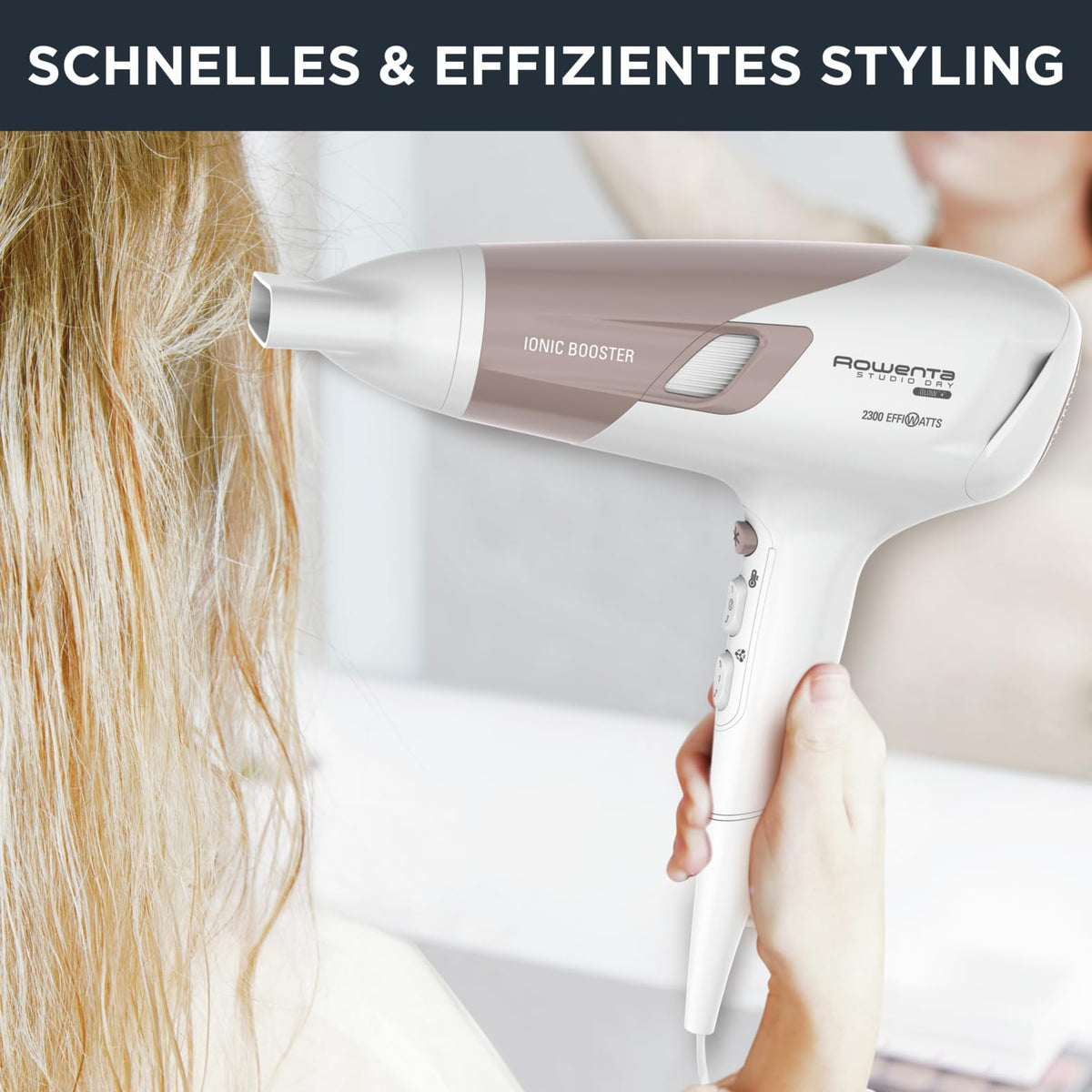 Rowenta Studio Dry Glow Hair Dryer, 2100 Watts, Hairdryer with Diffuser for Curls, 3 Temperature and 2 Speed Settings, Ion Function, Cool Air Button, White/Rose Gold, CV5830