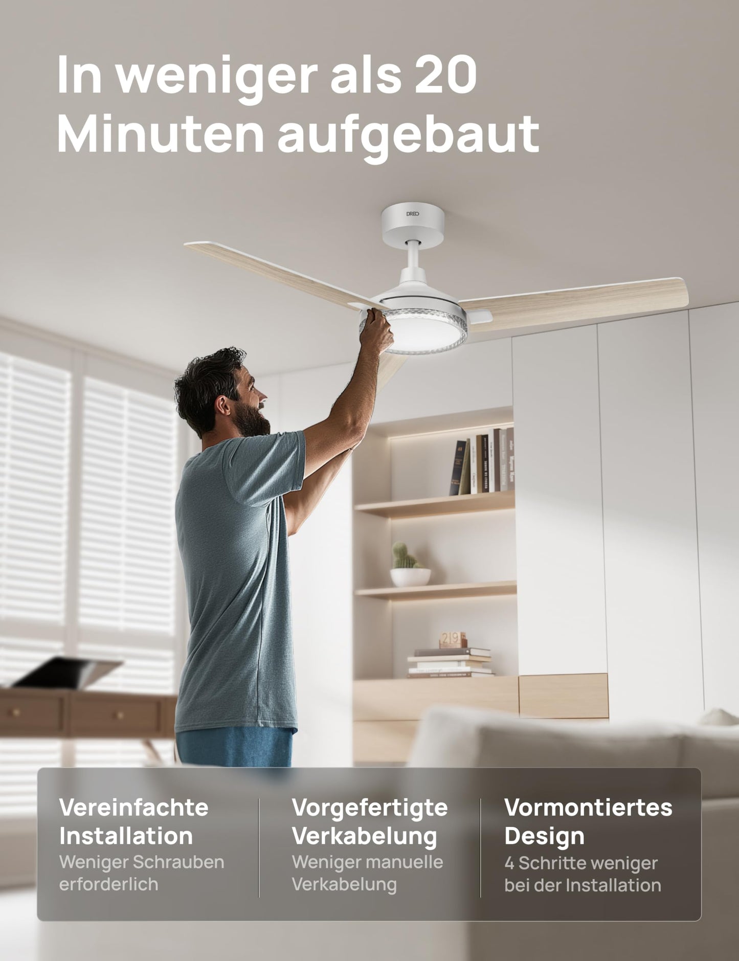 DREO Smart Ceiling Fan with Light, 52" 12 Speeds & 3 Modes, Continuous Color Temperature, Dimmable LED, 1-12 Hour Timer, Quiet DC Motor, App & Alexa Control, Wall Switch, White - DR-HCF004S