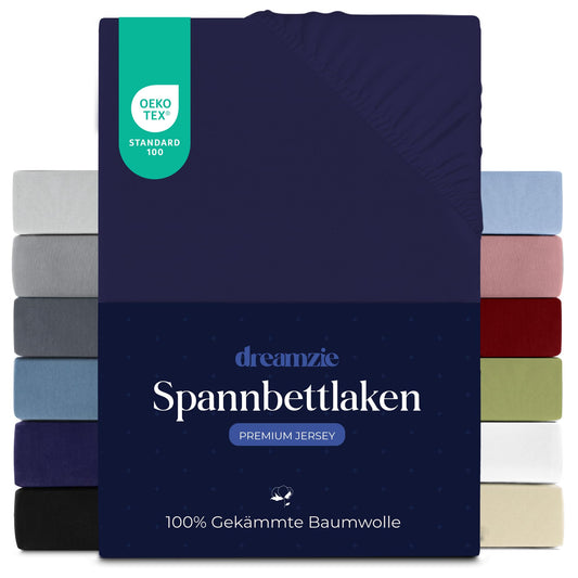 Dreamzie Premium fitted sheet 90x200 cm, fitted sheet for thick mattresses up to 22 cm, bed sheet 100% jersey cotton, 150 g/m², Oeko-TEX certified - dark blue - DHC_C_90x200_DB_E