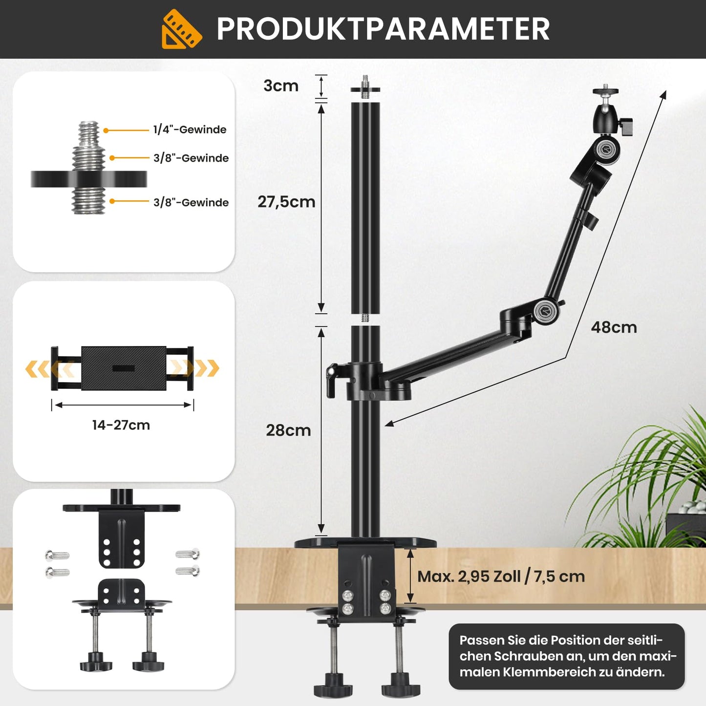 TARION table tripod camera table holder clamp tripod: camera overhead tripod table holder flexible joint arm table clamp tripod with tablet clamp for DSLR cameras ring lights webcam titan rig (Lite Z) - Titanrig