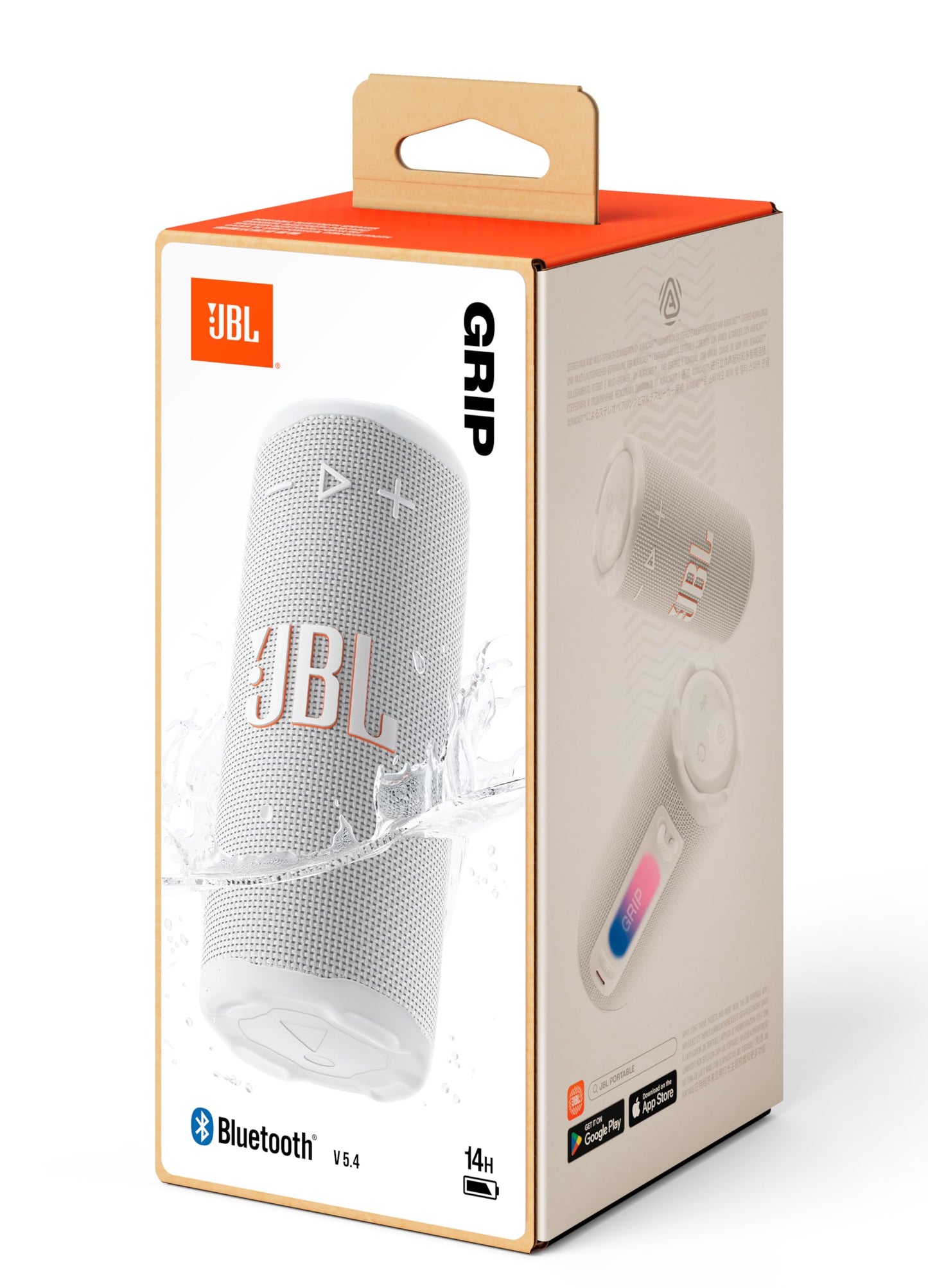 JBL Grip Compact Bluetooth Speaker, JBL Pro Sound with AI Sound Boost, IP68 Waterproof and Dustproof, Ambient Light, Up to 14h Playback, Auracast Multi-Speaker, JBL Portable App, White - JBLGRIPWHT