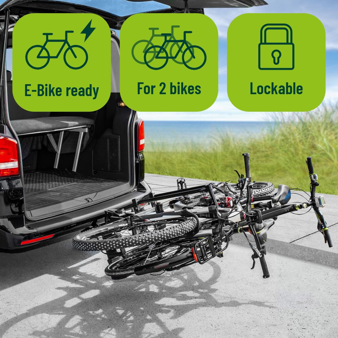 EUFAB 11523 bicycle carrier PREMIUM 2 Plus, suitable for e-bikes, for large tailgates, completely pre-assembled, anti-theft protection, 2 bicycles, trailer hitch, black/gray, (WxHxD) approx. 115x67x61 cm