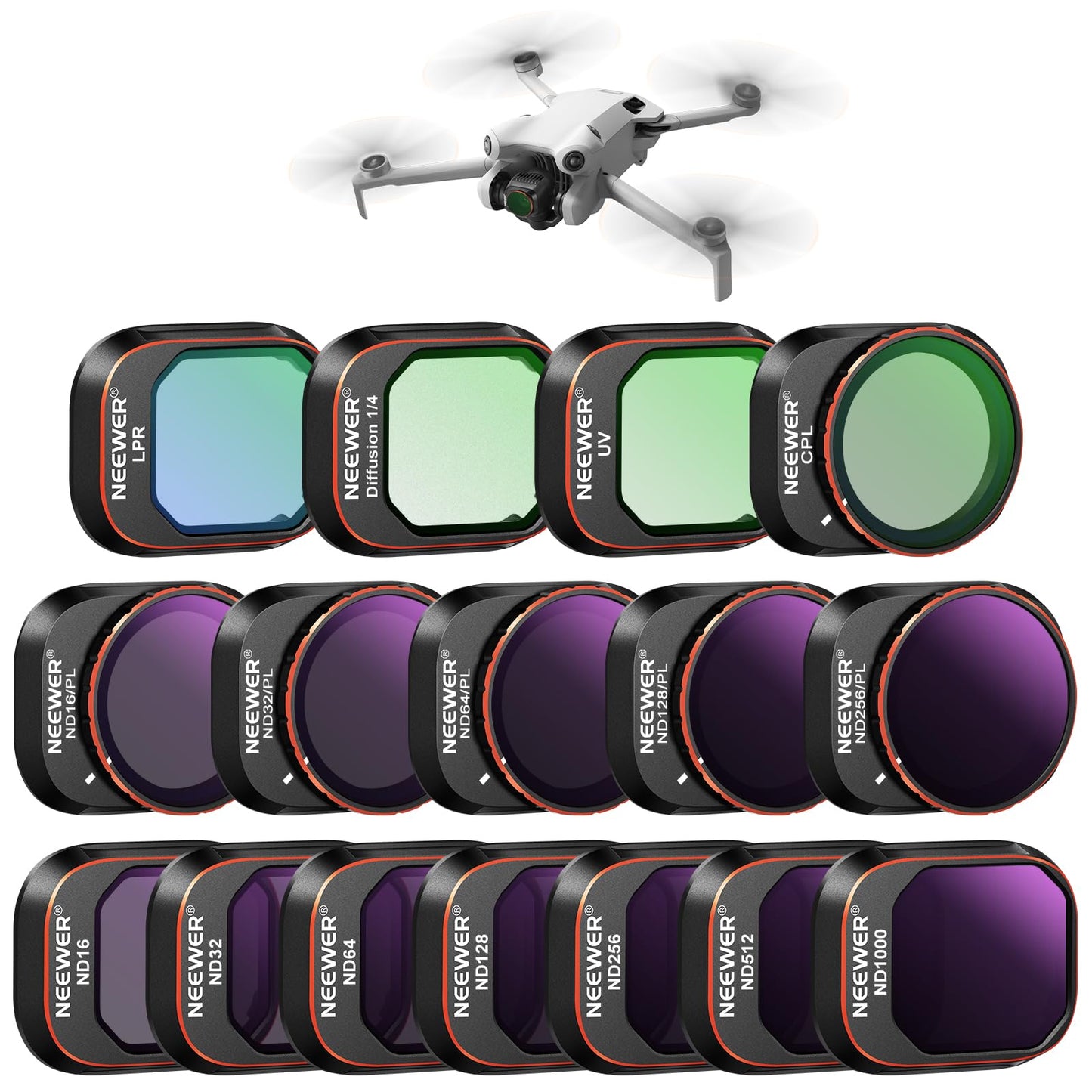 NEEWER filter set compatible with DJI Mini 4 Pro, ND16/32/64/128/256/512/1000 ND16/PL, ND32/PL, ND64/PL, ND128/PL, ND256/PL, UV, CPL, LPR, Black Diffusion 1/4 filter for a cinematic fog effect - 10103579