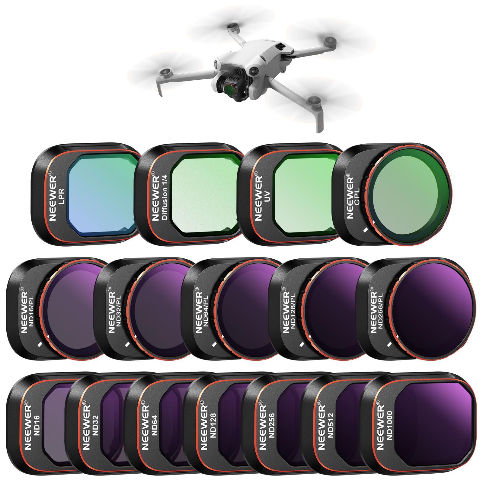 NEEWER filter set compatible with DJI Mini 4 Pro, ND16/32/64/128/256/512/1000 ND16/PL, ND32/PL, ND64/PL, ND128/PL, ND256/PL, UV, CPL, LPR, Black Diffusion 1/4 filter for a cinematic fog effect - 10103579