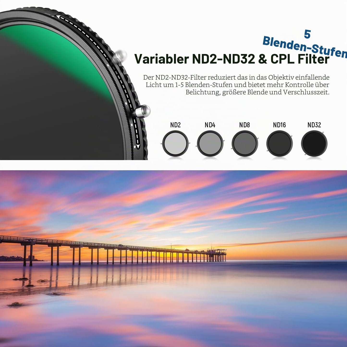NEEWER 2-in-1 52mm Variable ND Filter ND2-ND32 & CPL Filter (Circular Polarizing Filter), No X-Cross/30 Layer Nano Coating/HD Optical Glass/Ultra Thin Frame - 10102085