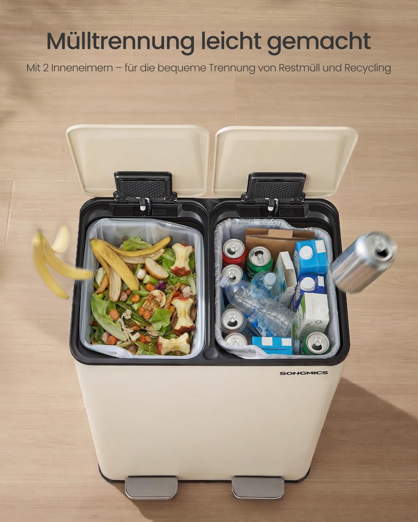 SONGMICS kitchen trash can, 2 x 30 liters, 2 compartments, trash can, pedal trash can, kitchen trash can with soft-close lid and inner bin, steel, including 15 trash bags, cream-colored LTB741AZ02