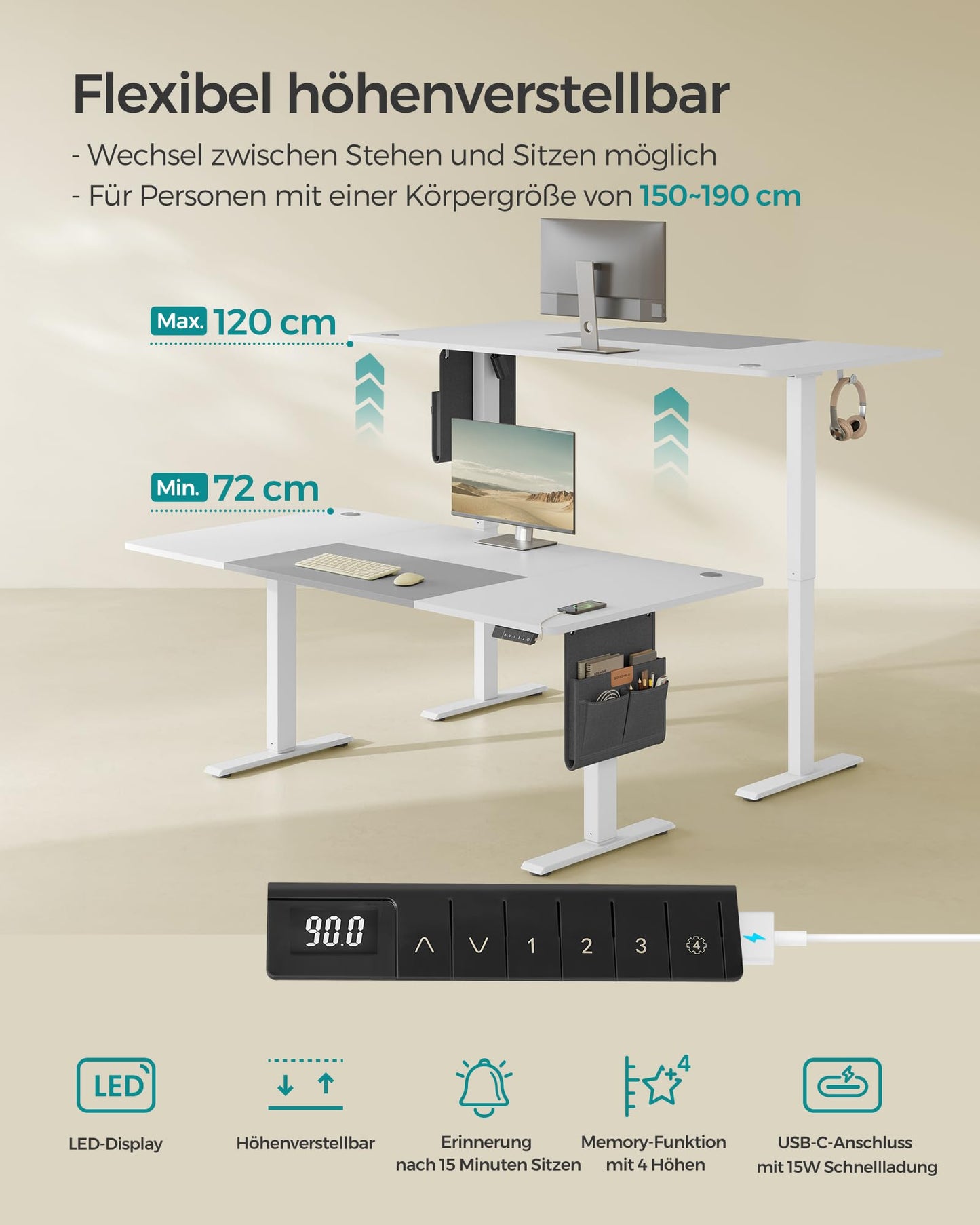 SONGMICS Electric height-adjustable desk, 160 x 70 cm, continuously adjustable, memory function with 4 heights, cloud white-dove gray LSD026W02