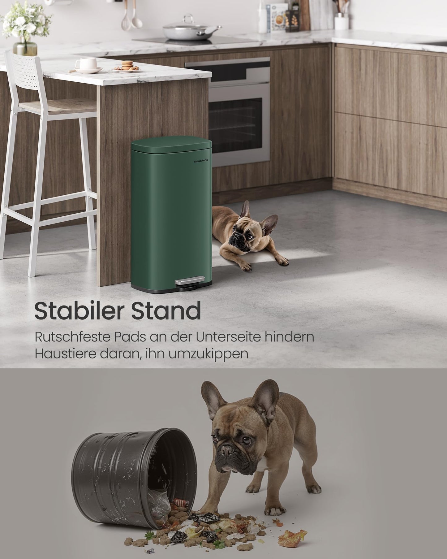 SONGMICS kitchen rubbish bin, 30 liters, waste bin, pedal bin, with lid, soft close, foot pedal, steel, inner bin, vintage green LTB003C02