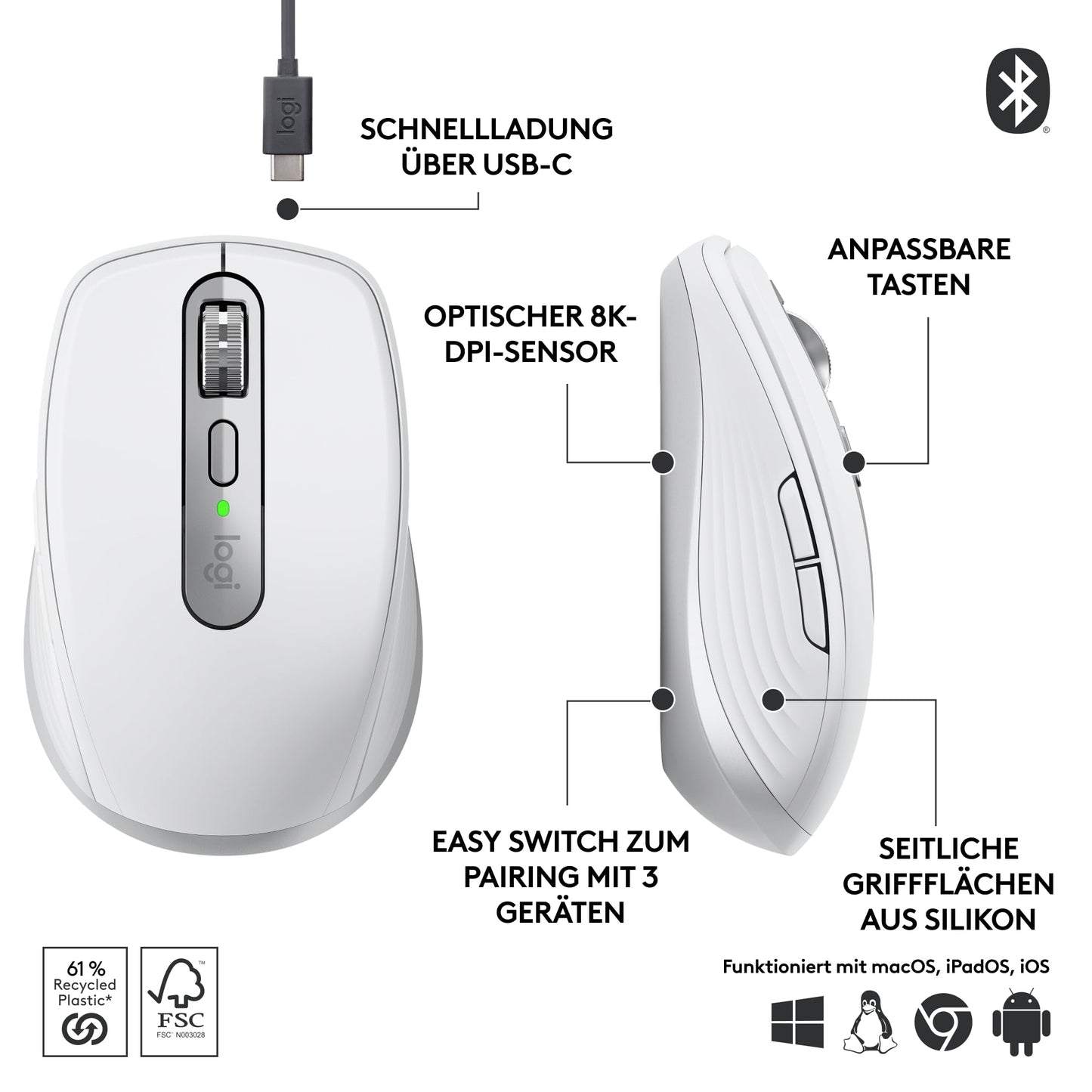 Logitech MX Keys Mini Keyboard + MX Anywhere 3S Wireless Mouse - Smooth Typing, Backlit Keys, Fast Scrolling, Bluetooth, Multi-OS Compatible - Light Gray, QWERTY Layout - 910-006929