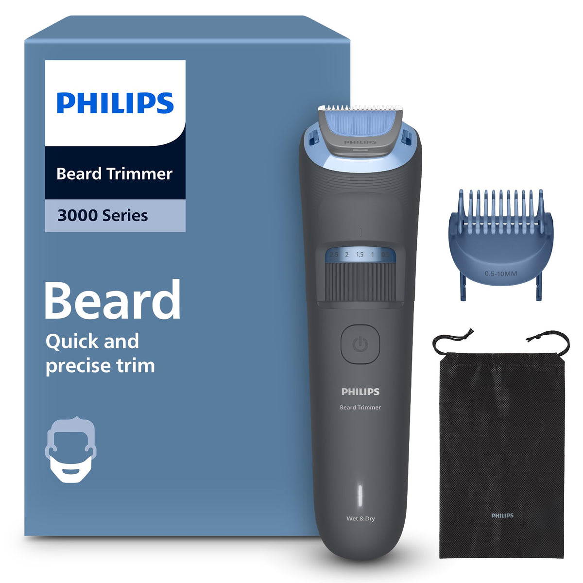 Philips Bartschneider 3000er-Serie – lame autoascuțite cu vârfuri rotunjite, 20 de setări de lungime, pieptene Lift&Trim, 100% rezistent la apă, indicator de baterie, încărcător USB, model BT3619/15