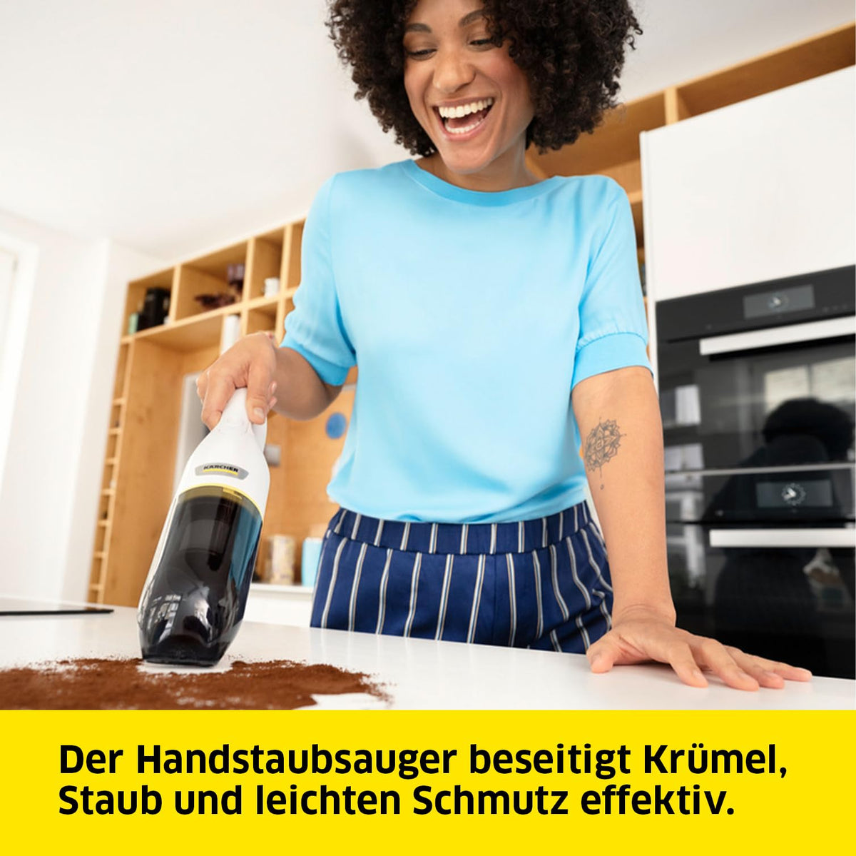 KÄRCHER Cordless Handheld Vacuum Cleaner CVH 2, compact and lightweight crumb vacuum for quick use, battery life: 10 min, includes 7.2 V battery, USB charger, 2-in-1 crevice tool. - 1.198-330.0
