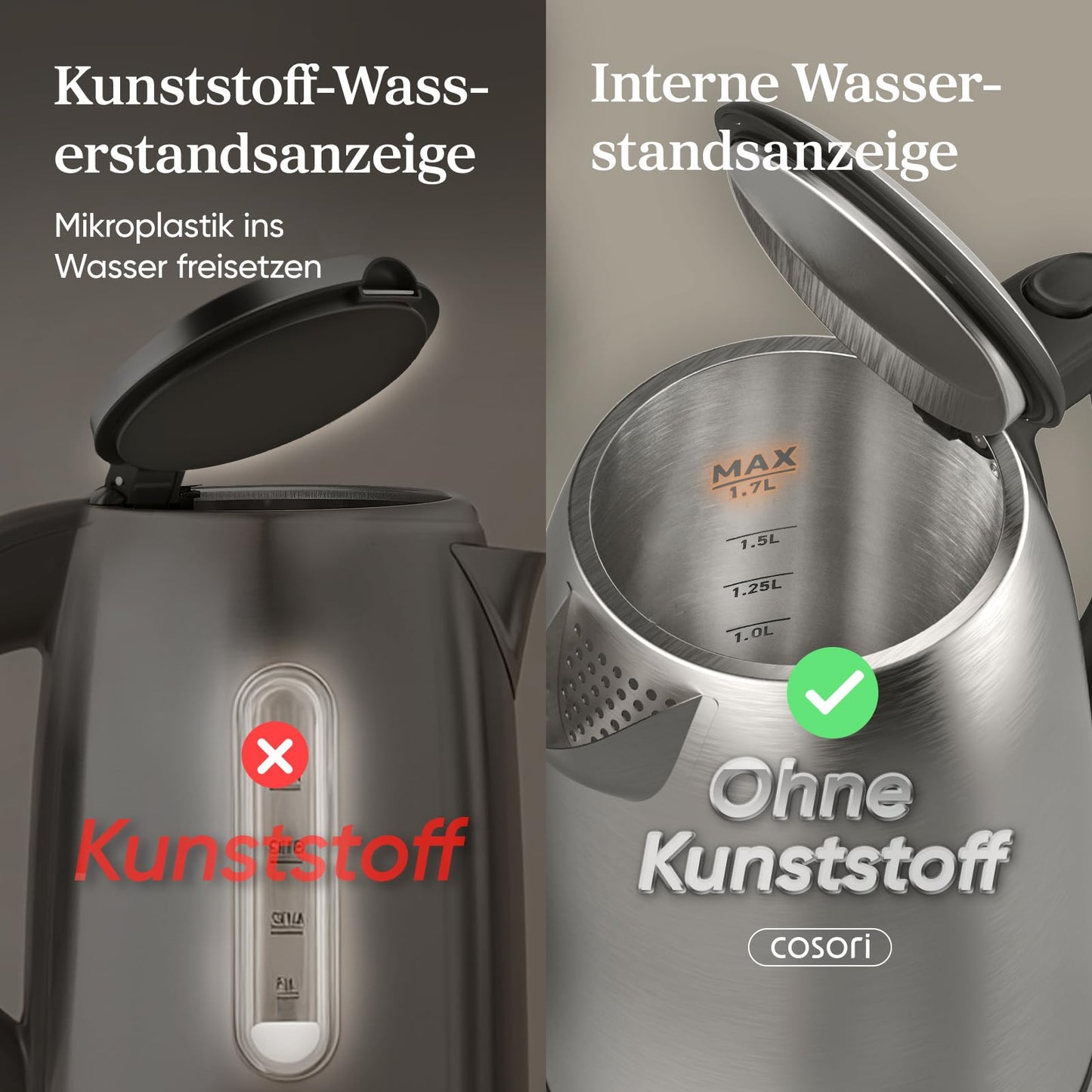 COSORI kettle stainless steel with 1.7 L | 2200W | No plastic contact | LED lighting | 360° rotating base | Large opening | Dry boil protection | Strix Technology | Silver-black - CEK-S152-VEU