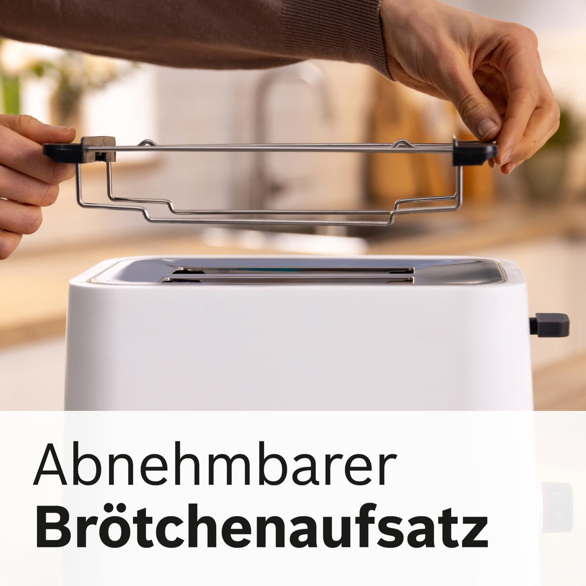 Bosch Compact Toaster MyMoment TAT3M121, removable foldable bun warmer, with defrost function, automatic shut-off, lift function, bread centering, ideal for 2 slices, 800 Watts, Matte White