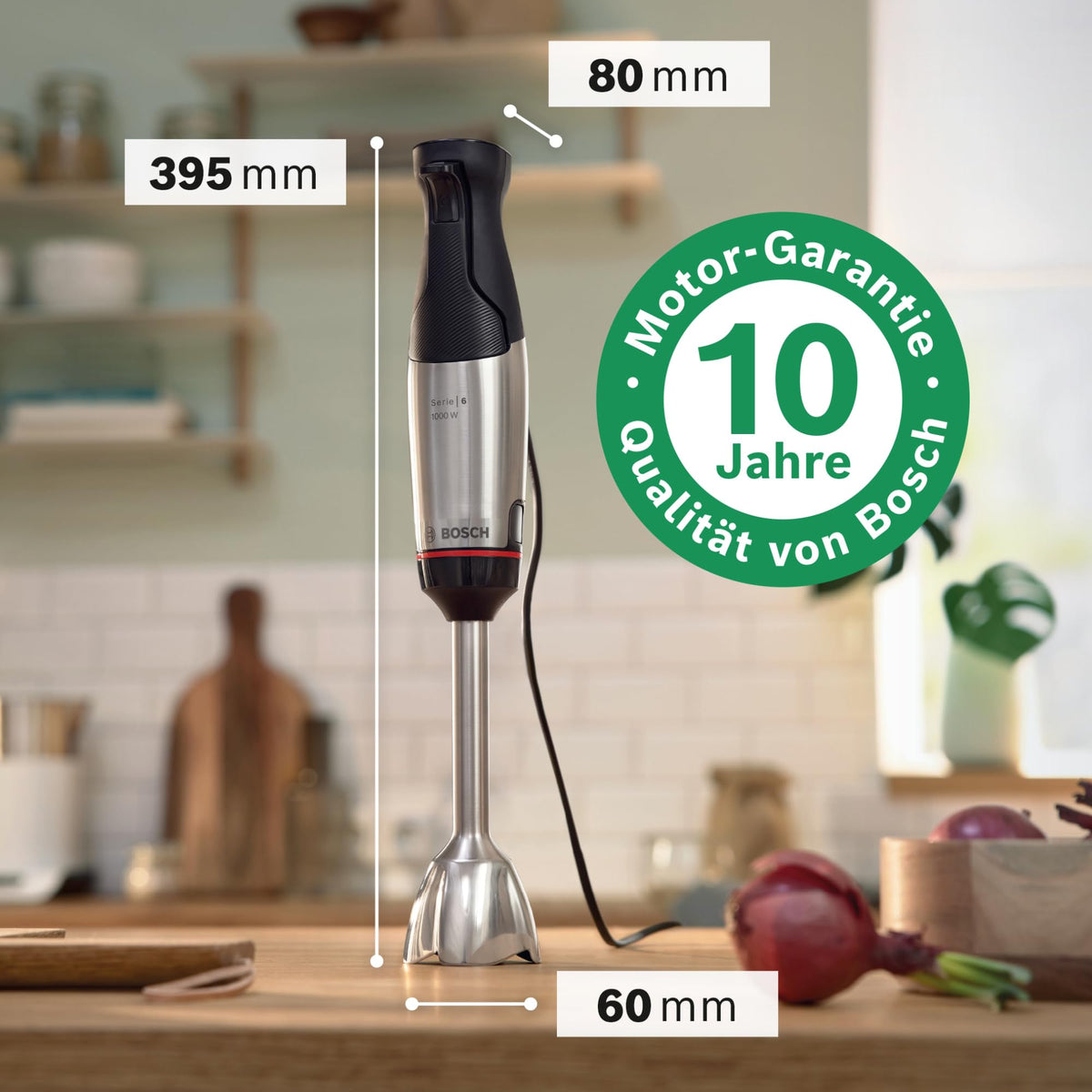 Bosch ErgoMaster Series 6 Hand Blender, 4 stainless steel blades, one-handed operation, wear-free ceramic coupling, durable, air cooling, chopper, potato masher, whisk, 1000 W, MSM6M673