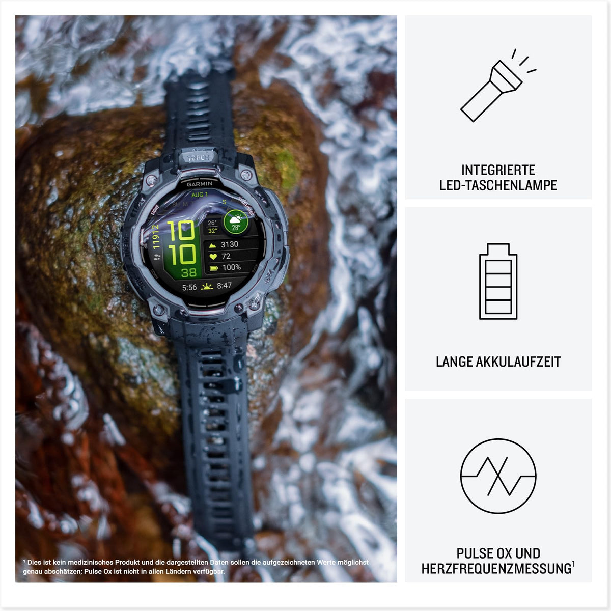 Garmin Instinct 3 45mm AMOLED – Ceas inteligent multisport, display de 1,2", autonomie a bateriei de până la 18 zile, peste 80 de aplicații sportive, funcție de navigație, caracteristici inteligente, lanternă cu LED, rezistent la apă - 010-02936-00