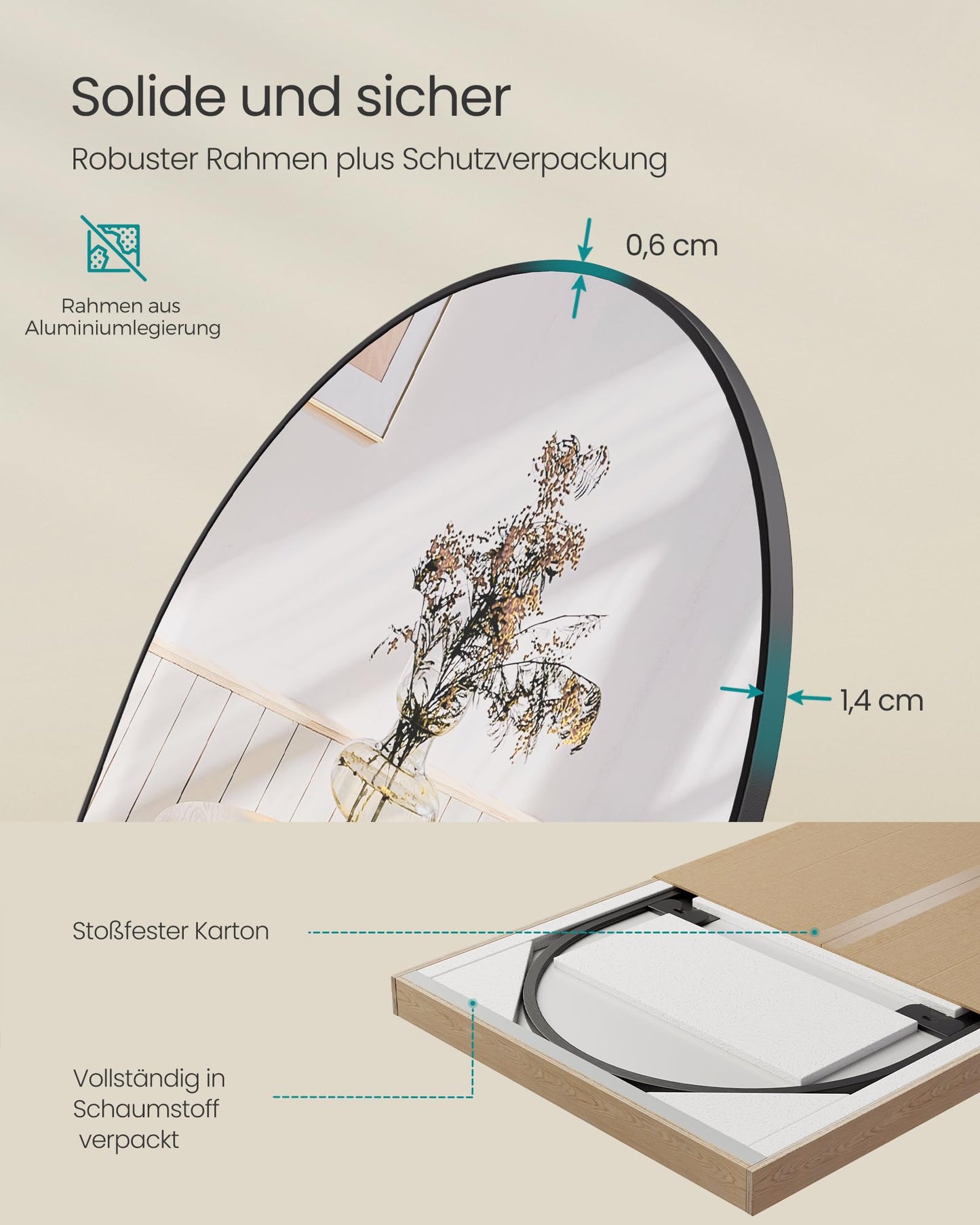 SONGMICS Full Length Mirror 160x50cm Curved Standing Mirror Aluminum Alloy Frame Tempered Glass for Bedroom Living Room Cloakroom Ink Black LFM031B01