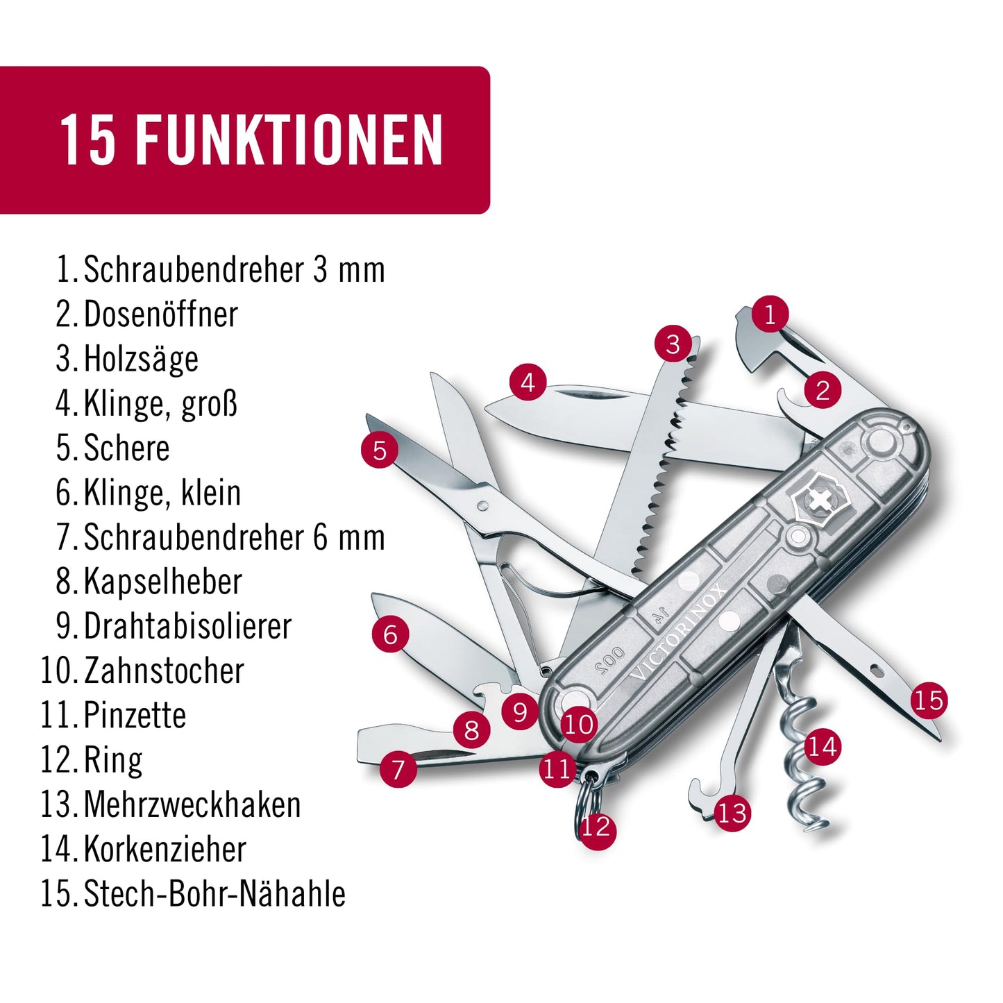 Victorinox Swiss pocket knife Huntsman, multitool, Swiss Army knife with 15 functions, blade, corkscrew, can opener, folding box, silver transparent - 1.3713.T7