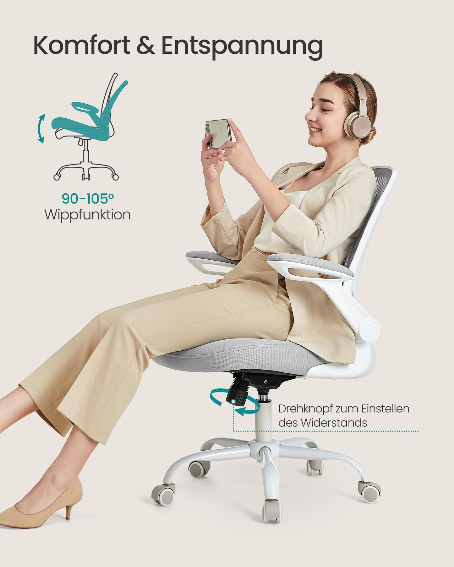SONGMICS ergonomic office chair, swivel chair with mesh, lumbar and headrest, rocker function, 53 cm seat, folding armrests, study and bedroom, students, light gray OBN037G02 - OBN37BK