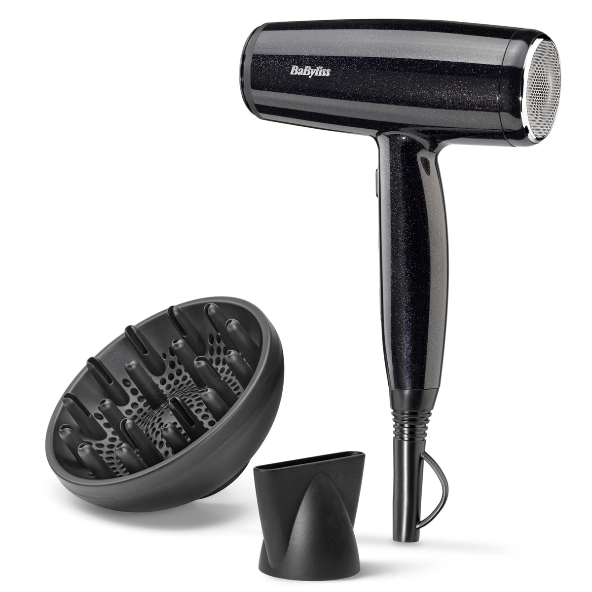 BaByliss Midnight Shine Uscător de păr ușor cu difuzor – 2100W Putere puternică, Uscător elegant, Tehnologie cu ioni împotriva frizz-ului, 3 niveluri de căldură și 2 viteze ale ventilatorului, D590DE