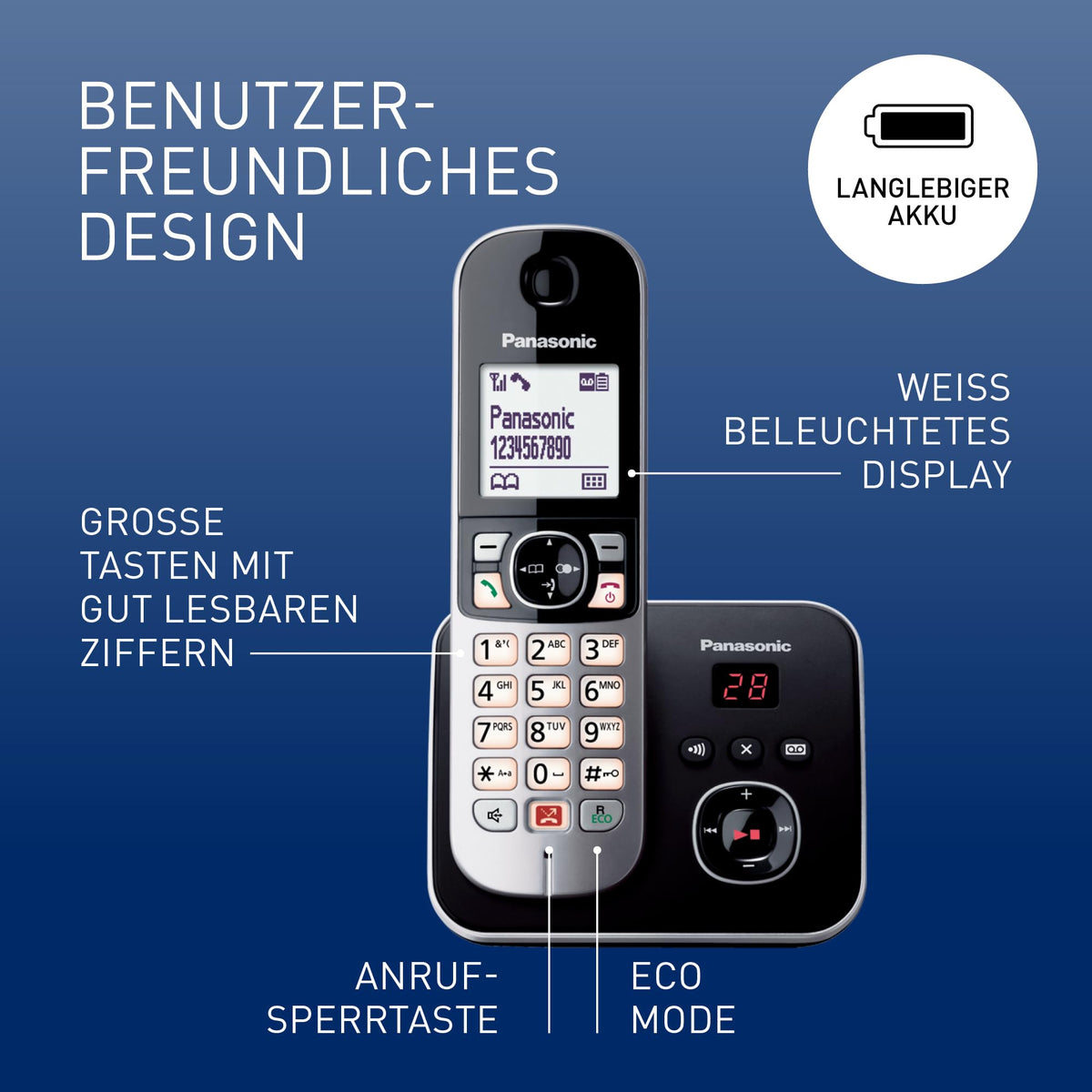 Panasonic KX-TG6864GB cordless phone with 4 handsets and answering machine (up to 1,000 blocked phone numbers, clear font size, loud receiver, full-duplex hands-free speaking) black-silver