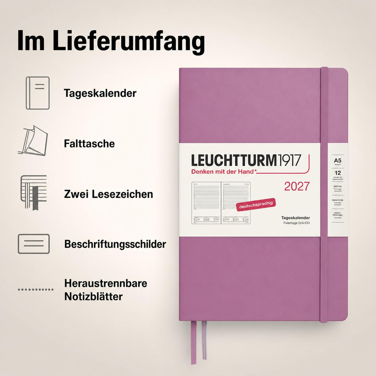 LEUCHTTURM1917 Daily Calendar 2027 Medium (A5) - German, Dusty Rose, 145 x 210 mm, January-December (12 months), 1 page per day, hourly grid 7:00 a.m. - 10:00 p.m., hardcover, 80 g/m² paper - 400158