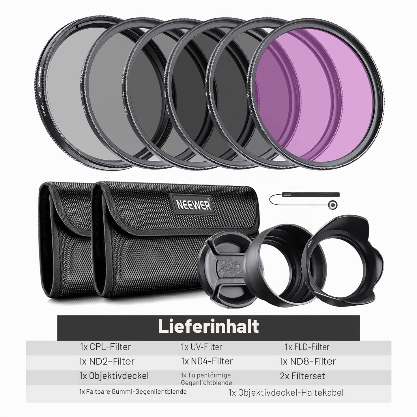 NEEWER 58mm ND Filter Kit and Lens Accessories, ND2 ND4 ND8 UV FLD CPL (Circular Polarizing) Filter Set with Lens Cap/Tulip Lens Hood - 10088184