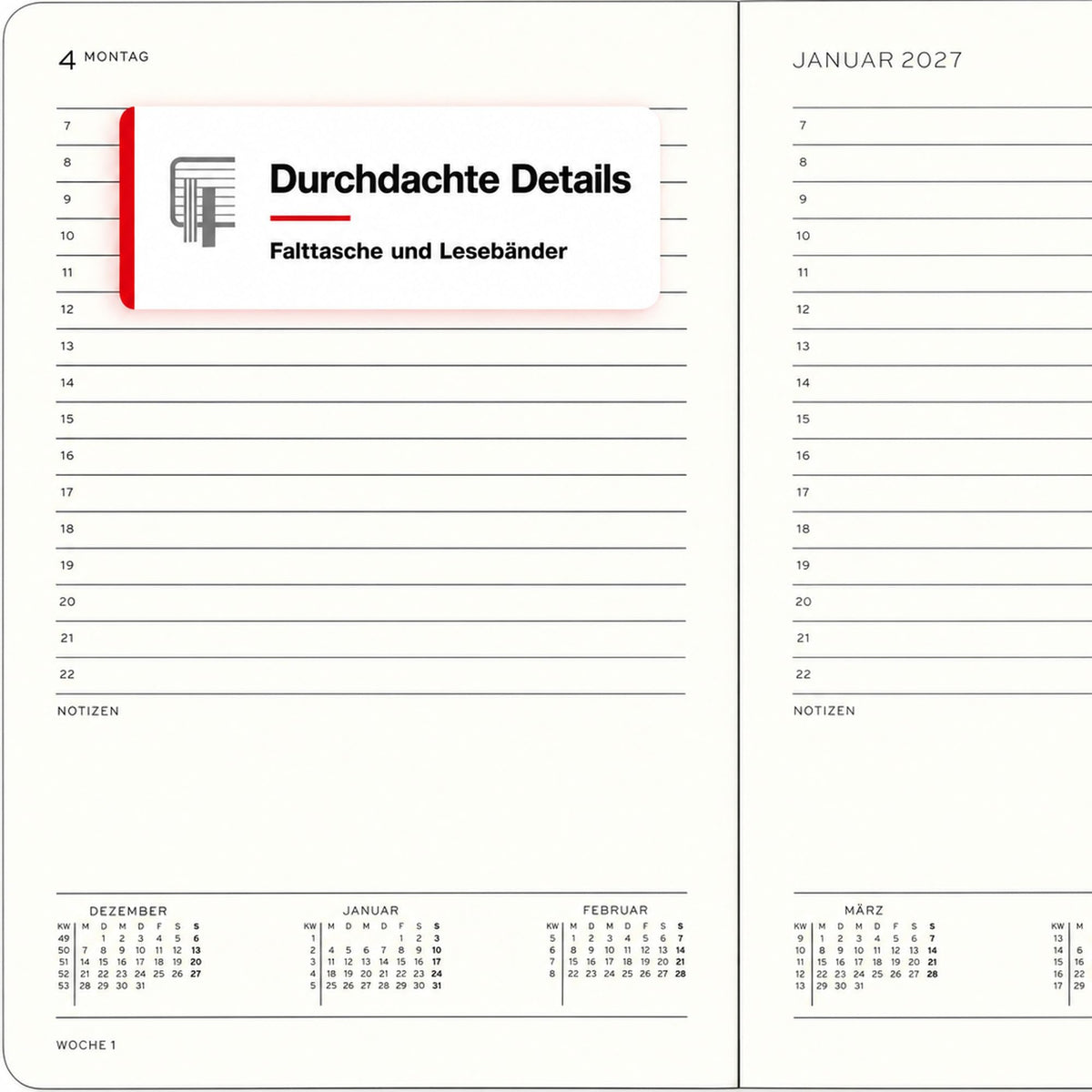 LEUCHTTURM1917 Daily Calendar 2027 Medium (A5) - German, Forest Green, 145 x 210 mm, January-December (12 months), 1 page per day, hourly grid 7:00 a.m. - 10:00 p.m., hardcover, 80 g/m² paper - 400162