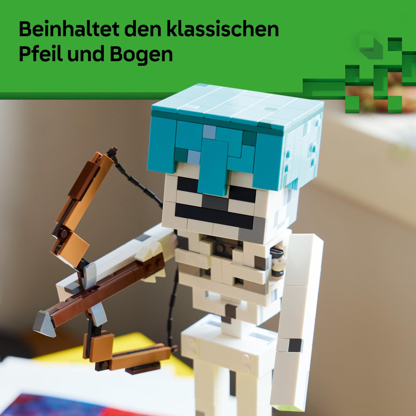 LEGO Minecraft The Skeleton - Mob figure with diamond helmet, bow and arrow and grass base as a room decoration for children - gaming gift for boys, girls and fans aged 10 and over - 21594