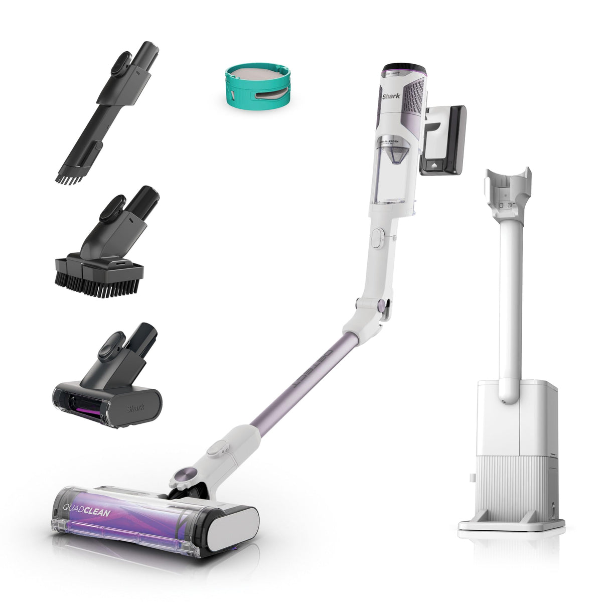 Shark Detect Clean & Empty Cordless Vacuum Cleaner with Docking Station, up to 60 minutes runtime, ideal for pet hair, allergy sufferers, carpets & hard floors, with LED light, 3 attachments, white, IW3613EUT