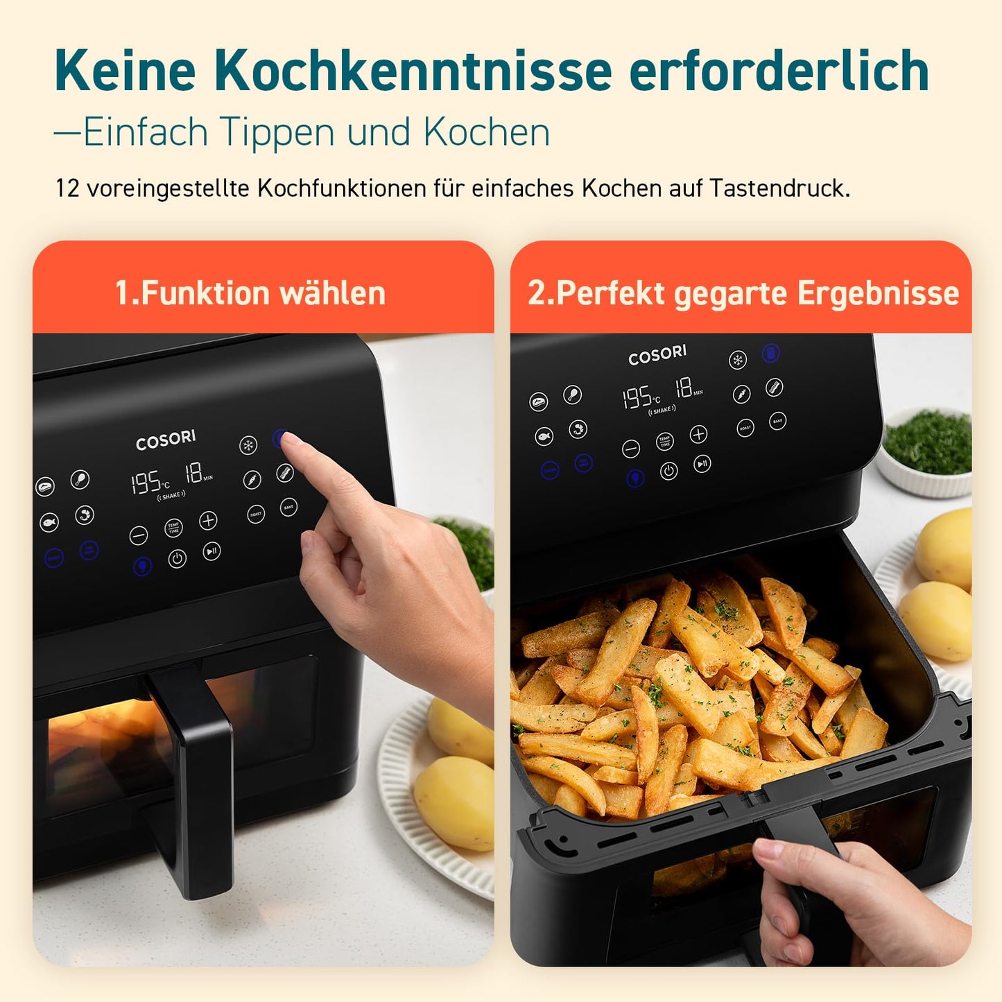 COSORI Airfryer, hot air fryer 6.2L with viewing window and shake reminder, 12-in-1 hot air fryer, deep fryer 85 percent less fat, 50 recipes, 55 percent energy saving, easy to clean