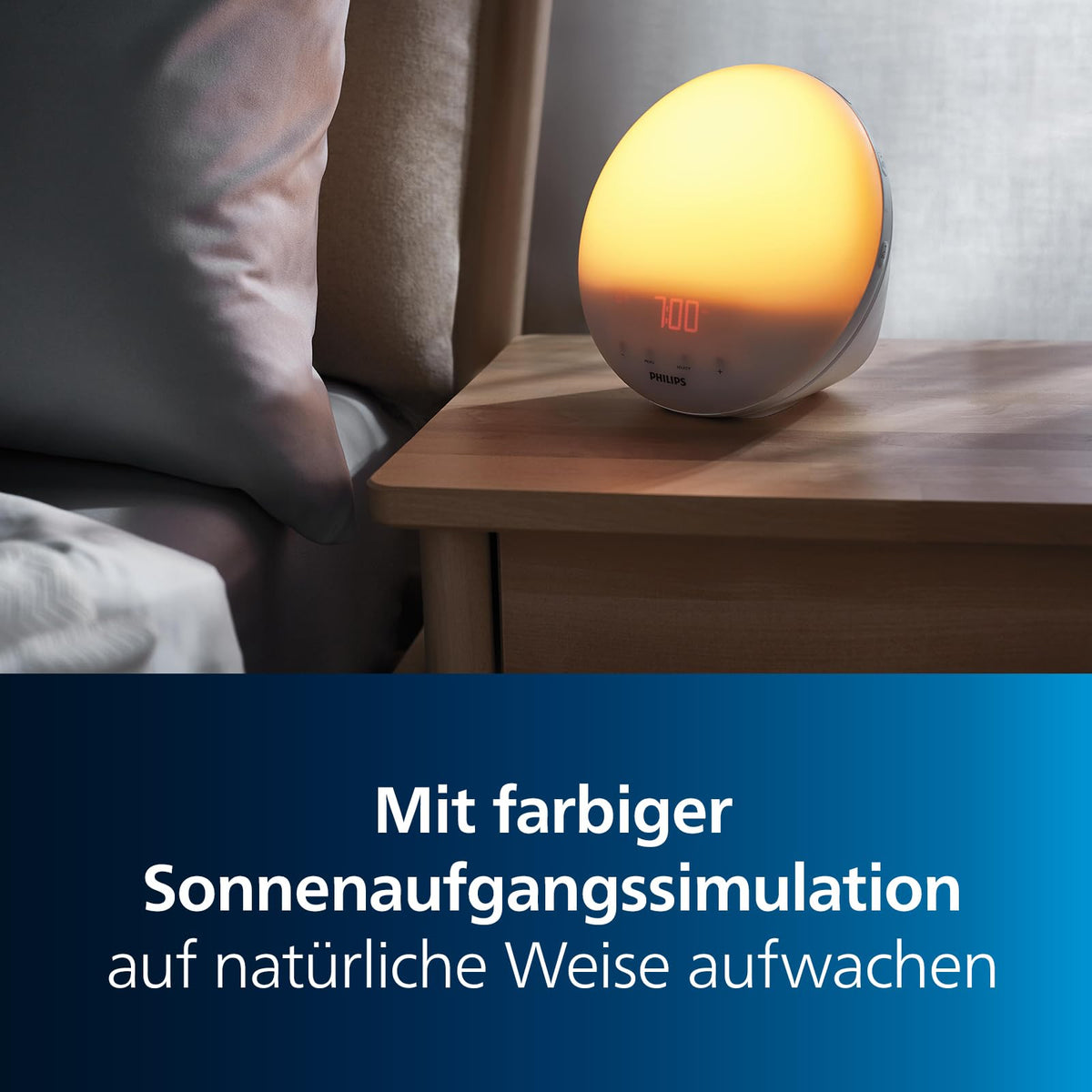 PHILIPS SmartSleep Wake-up Light – bedside lamp and alarm clock with USB, colored sunrise simulation, 20 brightness settings, 7 natural wake-up sounds, midnight light function, model HF3532-01 - HF3532/01