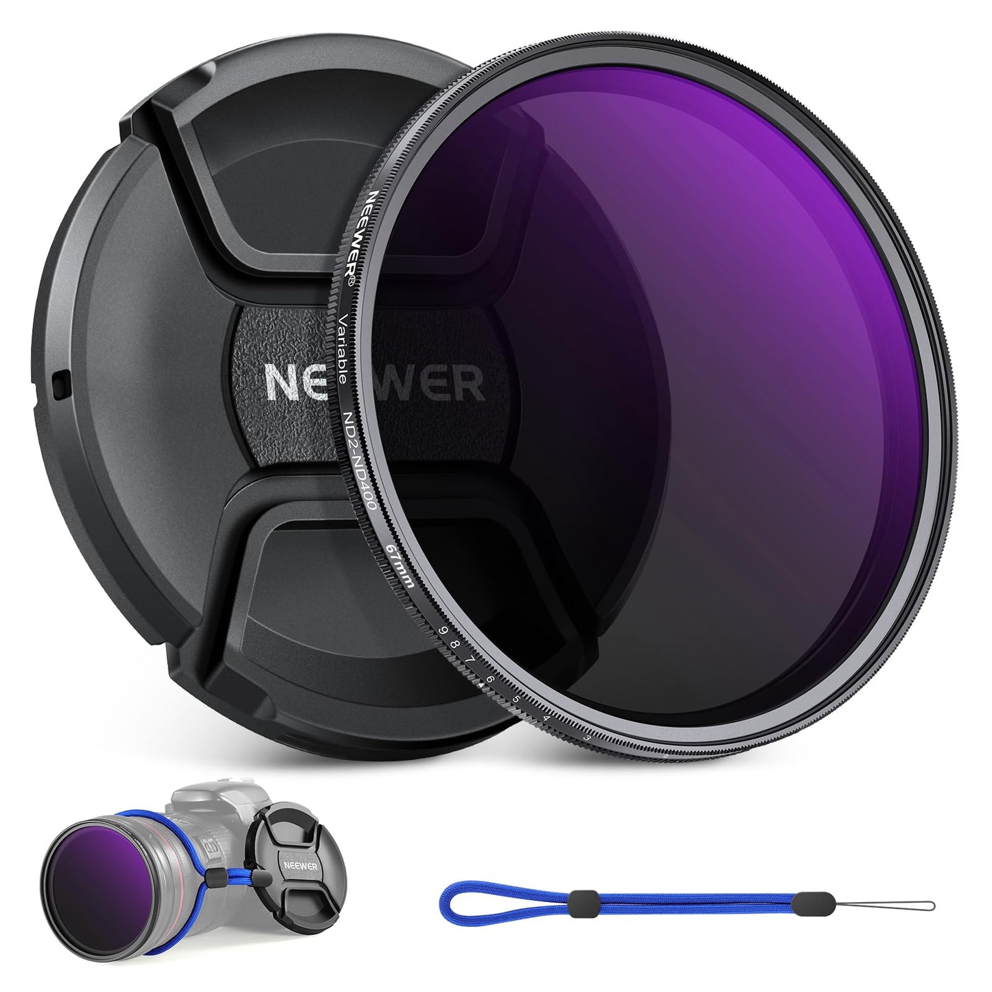 NEEWER 67mm ND2-400 (1-9 Stop) Variable ND Filter with Lens Cap Lanyard Cleaning Cloth Precise Neutral Density Adjustment Gray Filter Fingerprint Scratch-Resistant Multi-Layer Optical Glass - NW