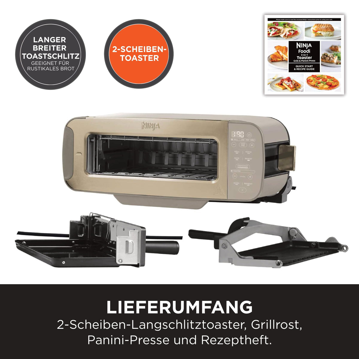Ninja Foodi 3-in-1 Toaster, Elektrogrill cu capac, ST202EUSTGD