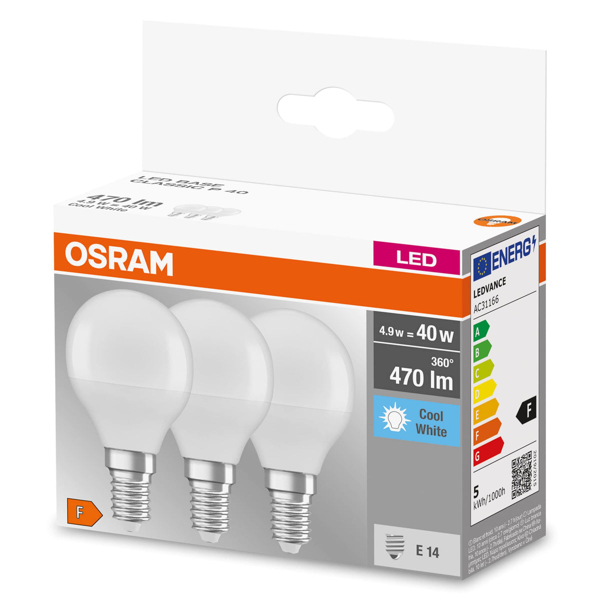 Osram LED BASE Classic P40, mat, lămpi LED Filament din sticlă pentru soclu E14, formă de candelă, alb rece (4000K), 470 lumeni, înlocuire pentru becurile tradiționale de 40W, 30 bucăți (1 pachet)