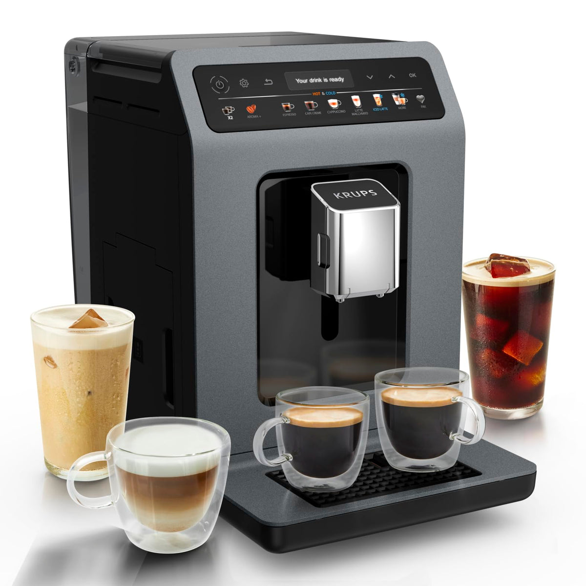 Krups Evidence Hot & Cold Coffee Machine, 18 beverage specialties, hot and cold drinks, One-Touch Cappuccino, milk system, automatic cleaning cycle, quick heating time, EA898GF0